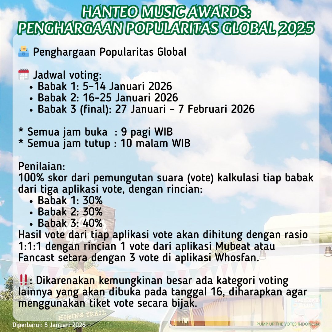 putvotesINA's tweet image. 🗳: HMA 2025: Penghargaan Popularitas Global 2025
🗓: Detail jadwal lihat pada gambar
🔗 Tautan unduh aplikasi lihat pada kolom balasan

☆ Mohon dibaca dengan baik semua informasi pada gambar yang tertera
☆ Silakan nyalakan notif (postingan &amp;amp; balasan) akun ini sebagai pengingat
