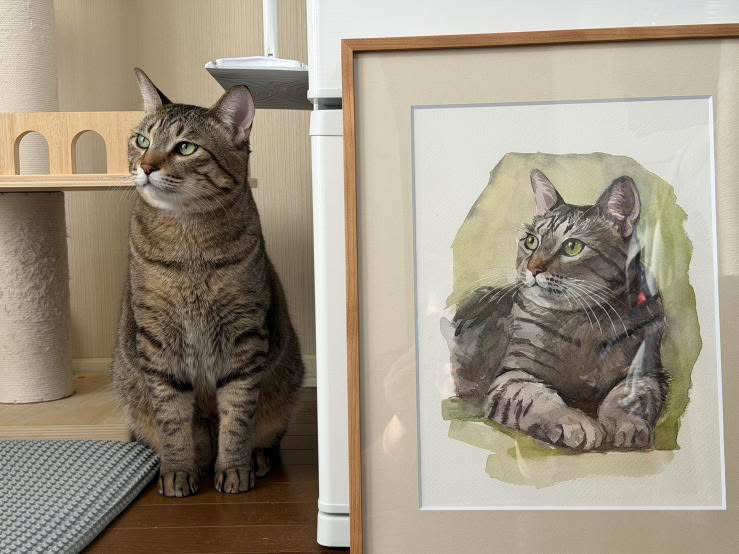 そして事例のご紹介を最近全然できておらず、すみませんでした…。どんなの描いてもらえるか謎だと困っちゃいますよね。。。

最近の作品は、たとえばこんな感じです。

黄緑色がお好みということで、ねこちゃんの瞳の色と合わせた黄緑の背景で描かせていただきました。