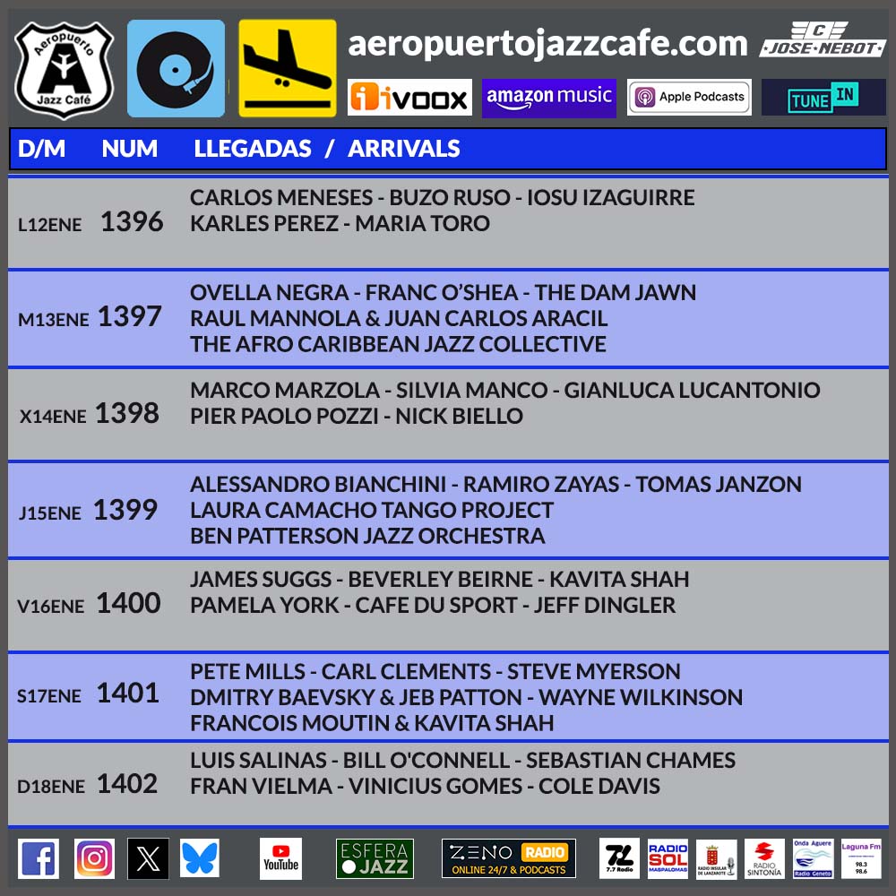 12 - 18 ENE 2026
aeropuertojazzcafe.com
Llegadas Zona VIP / Arrivals
.
Donar con PayPal.
paypal.com/paypalme/aerop…
.
#jazz #podcast #aeropuertojazzcafé
.