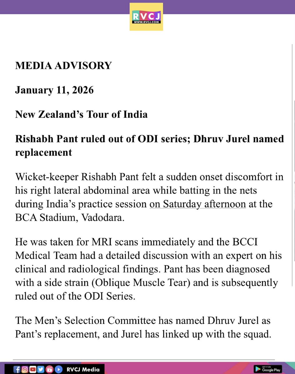RVCJ_Sports's tweet photo. Wishing Rishabh Pant a speedy recovery 💙
New opportunity for Dhruv Jurel to shine 🇮🇳🏏
#RishabhPant #GetWellSoonPant #TeamIndia #IndianCricket #ODISeries #INDvsNZ #DhruvJurel #CricketNews #BCCI #CricketUpdates #BleedBlue https://t.co/DGZDPSGmee