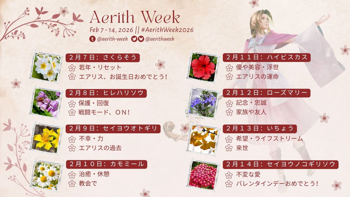 AerithWeek's tweet image. ２月７日～２月１４日は #エアリス週間 の２０２６年ファンイベントです！エアリス作って物は ⁠#AerithWeek ＆ ⁠#AerithWeek2026 ハッシュタグした下さい。

主要のテーマは花&amp;amp;本草です。

#AerithGainsborough #FF7 #FF7R #FF7EC #エアリス #エアリス生誕祭2026 #Aerith