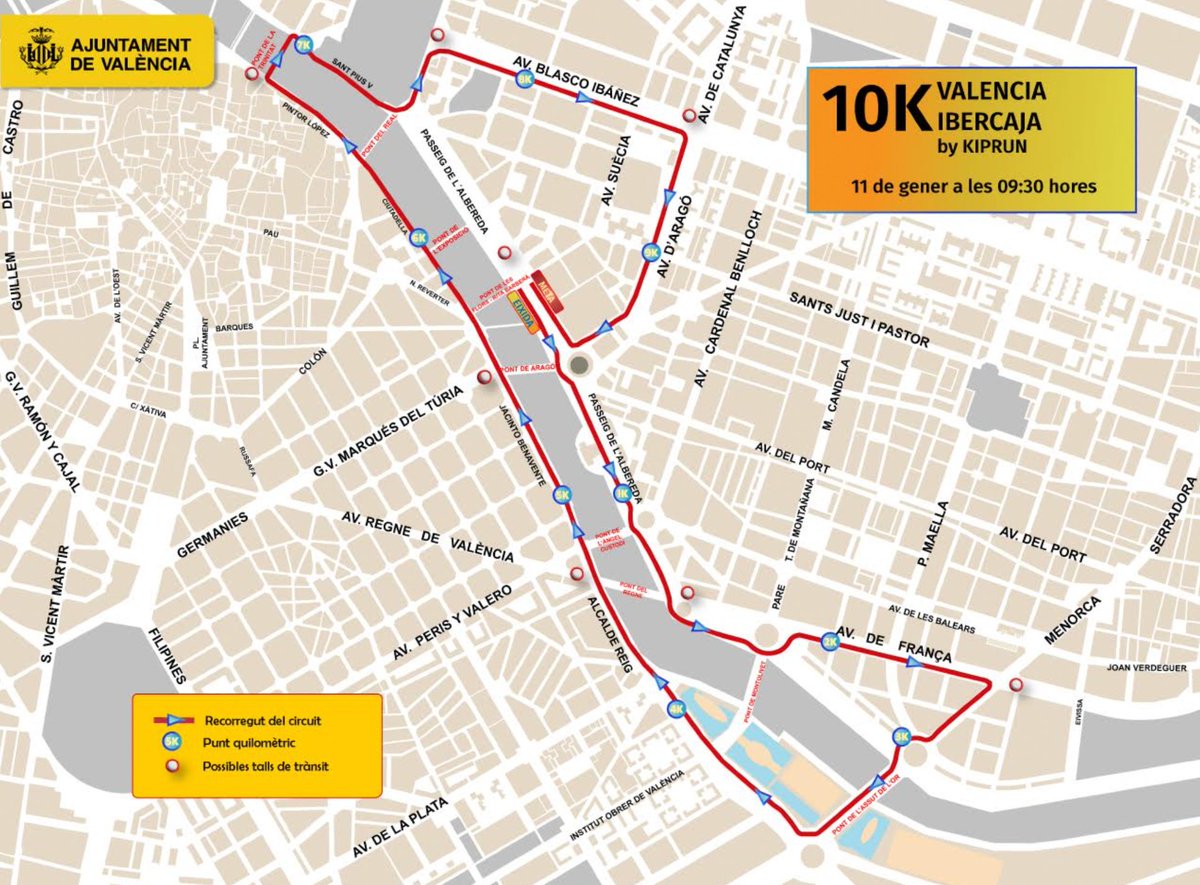 AjuntamentVLC's tweet image. 👟Hui torna la @10KValencia, la primera carrera de l'any🏃‍♀️.

🏃🏽 La #10K (de 9:30 a 12:00 h) i #5K (de 8:15 a 9:25h)

⭕️ Afeccions al @TransitValencia🚘

➡️ Des de les 6h i durant tot el matí.

🔽 Consulta el recorregut