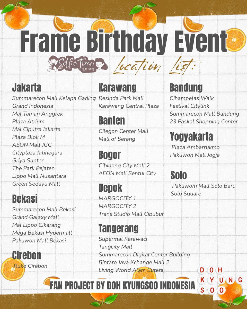 DohKyungsooINA's tweet photo. Calling all Doh Kyungsoo Fans! 🍊✨ Udah siap ngerayain Kyungsoo Day yang ke-33? 🐧🎂

Yuk, jangan sampe ketinggalan buat dapetin Special Birthday Frame di @selfietimeid!

📍Seluruh outlet Selfie Time
🗓️ 12 - 25 Januari 2026
🎬 Project by Doh Kyungsoo Indonesia

Jangan sampe nyesel gara-gara kelewatan yaa, bestie. See you there! 📸🎬
 Don’t walk, RUN to the nearest booth!🏃‍♂️💨

#33rd_MrTaco #HappyKyungsooDay
#DOHKYUNGSOO #도경수