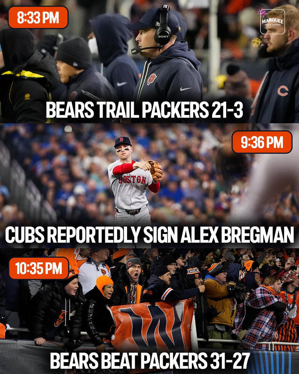 A story in 3 parts 🤯 

The Bears started their comeback vs Green Bay soon after the Cubs reportedly signed Alex Bregman 👀