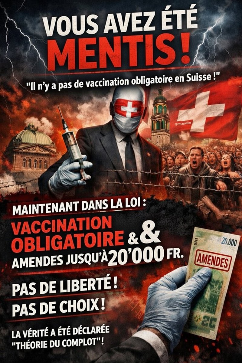 « En Suisse🇨🇭, on disait : « Pas d’obligation vaccinale ! » C’est fini !  
Dans le canton de St-Gallen, la révision de la loi sur la santé introduit la vaccination obligatoire légal (Art. 18 : obligatoire par ordonnance, sans vote populaire) avec amende jusqu’à 20 000 CHF (Art.