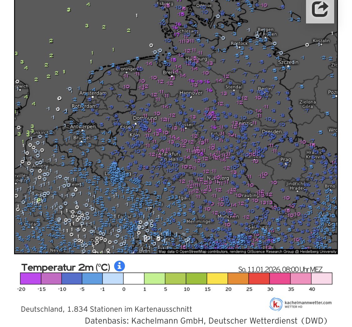 Arktische Kälte über Deutschland.
Flächenddeckend teils strenger Frost. 

Tiefstwert in Norddeutschland erreicht -24°C. 😯🥶

kachelmannwetter.com/de/messwerte/d…