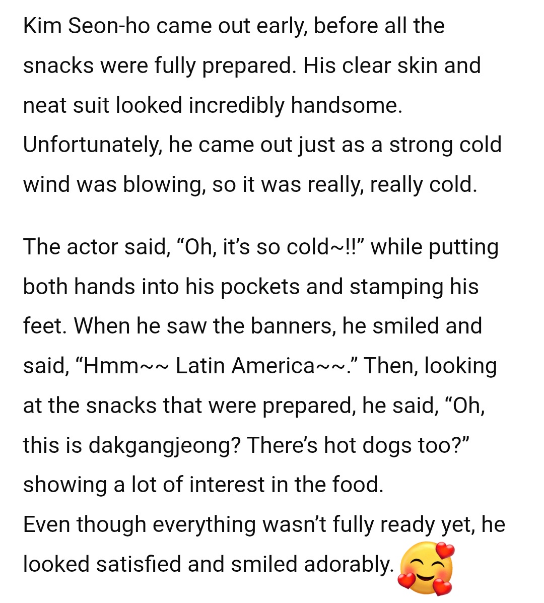 MandyMoreYang's tweet photo. Sajangnim shared Seonho visited CT twice! He appeared in a neat suit with clear skin and looked incredibly handsome.😉 When he saw the banners, he smiled and said, “Hmm~ Latin America~,” showing genuine curiosity.🥰He also showed interest in the snacks, asking about the dakgangjeong and hot dogs, and smiled adorably even though everything wasn’t fully ready yet.🤭

Later, surrounded by staff expressing their gratitude, he shyly said that it was his first time receiving support from fans in Latin America and that he found it amazing. 😇🫂

He ordered warm green tea and cup soup, thanked everyone sincerely, and returned to filming. Near the end of the shoot, he ordered another cup of warm green tea. ☕🚛💙😇👍 #KimSeonHo✨✨

https://t.co/bWZ4cckg7U