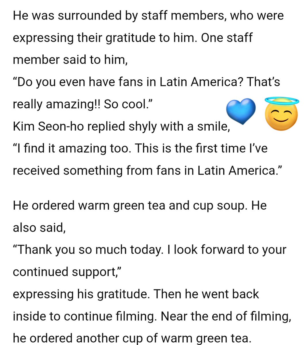 MandyMoreYang's tweet photo. Sajangnim shared Seonho visited CT twice! He appeared in a neat suit with clear skin and looked incredibly handsome.😉 When he saw the banners, he smiled and said, “Hmm~ Latin America~,” showing genuine curiosity.🥰He also showed interest in the snacks, asking about the dakgangjeong and hot dogs, and smiled adorably even though everything wasn’t fully ready yet.🤭

Later, surrounded by staff expressing their gratitude, he shyly said that it was his first time receiving support from fans in Latin America and that he found it amazing. 😇🫂

He ordered warm green tea and cup soup, thanked everyone sincerely, and returned to filming. Near the end of the shoot, he ordered another cup of warm green tea. ☕🚛💙😇👍 #KimSeonHo✨✨

https://t.co/bWZ4cckg7U