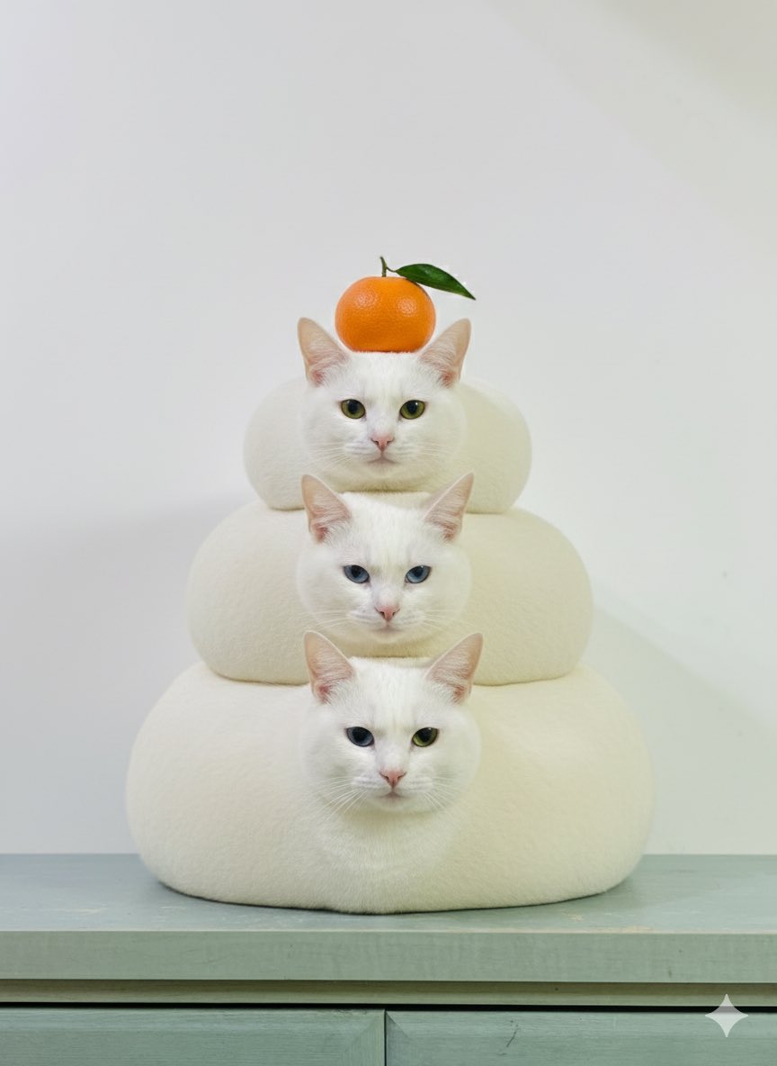 猫鏡餅(*´꒳`*) セパレートタイプ 白猫親子 蜜柑 猫鏡餅