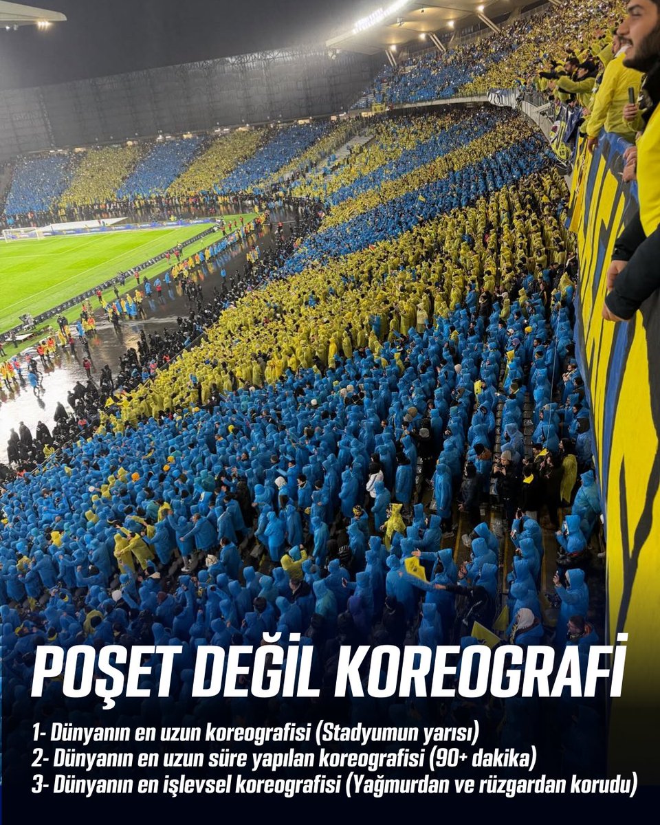 POŞET DEĞİL KOREOGRAFİ

 1- Dünyanın en uzun koreografisi (Stadyumun yarısı)
2- Dünyanın en uzun süre yapılan koreografisi (90+)
3- Dünyanın en işlevsel koreografisi (Yağmurdan ve rüzgardan korudu)