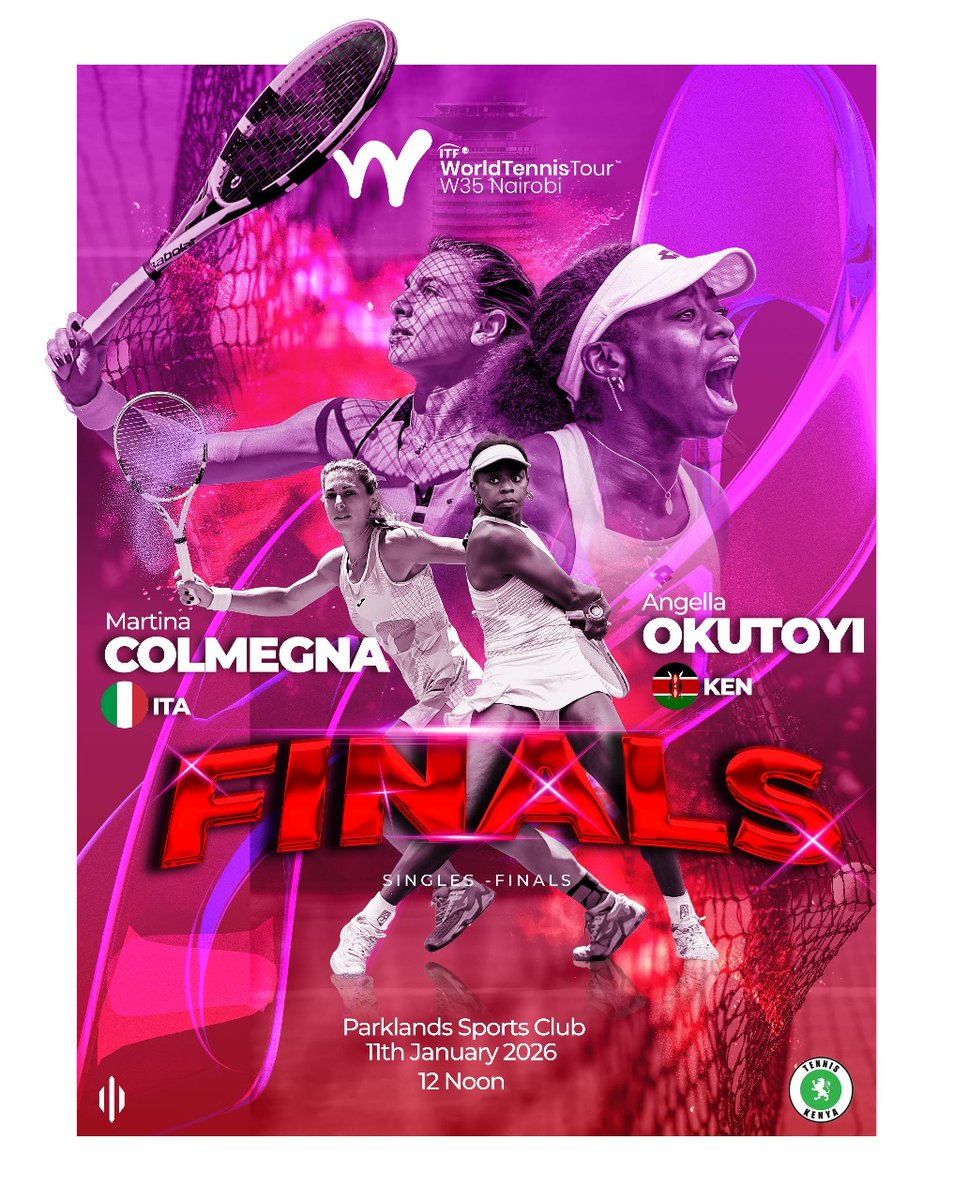 🎾 #NAIROBI THIS ONE NEEDS YOU 🇰🇪🔥  

<a href="/Okutoyiangella2/">Angella Okutoyi</a>  🆚 Martina Colmegna (ITA)  
ITF W35 Nairobi — Singles Final  

🗓️ Today  
🕛 12:00 PM  
📍 Parklands Sports Club  

Cheer loud. Support Angie. Grab an AO shirt on site 💃🏽  
#W35Nairobi #TennisKE #NoWeakness #SherehePlug