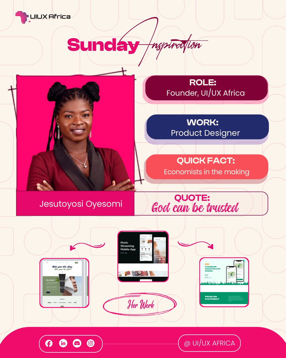 UIUX_Africa's tweet photo. Sunday Inspiration 🤍

Purpose looks different for everyone, but consistency makes it visible.

This week, we spotlight @toyoflow a Product Designer, Founder of @UIUX_Africa and an economist in the making.

Through every season, one truth remains: God can be trusted. https://t.co/ztzvvHcwkp