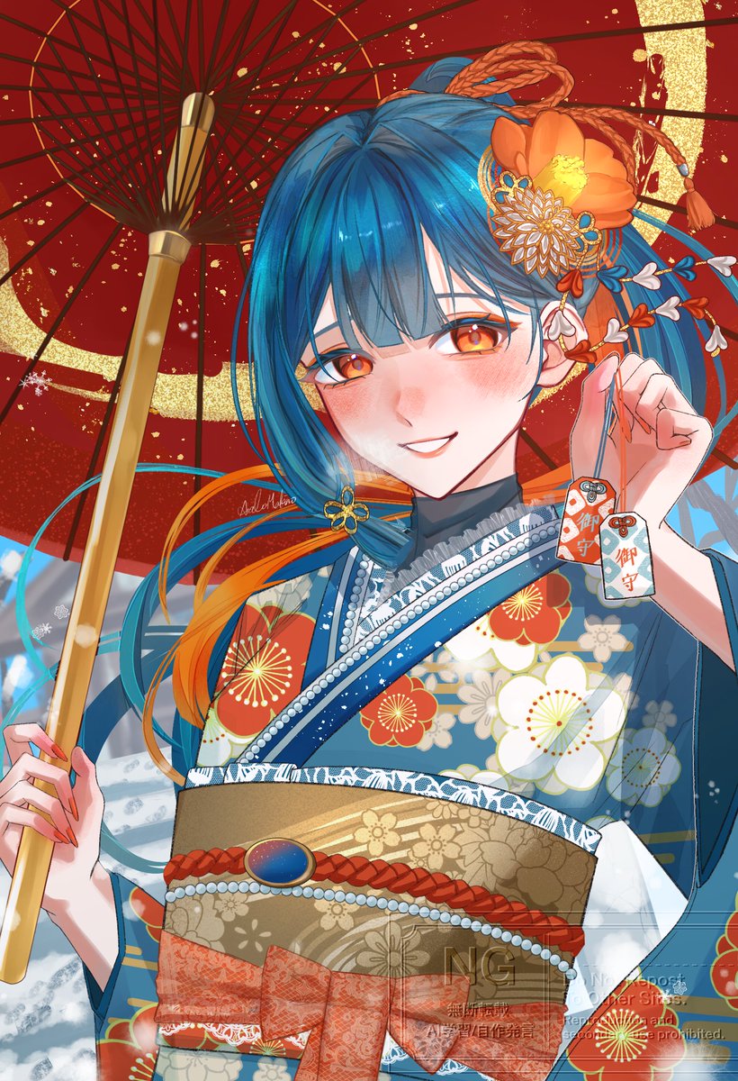 【大遅刻】あけましておめでとうございます❕🎍🌅✨️
今年もよろしくお願いします😌💙🧡

#oc
#正月イラスト
#年賀状イラスト2026