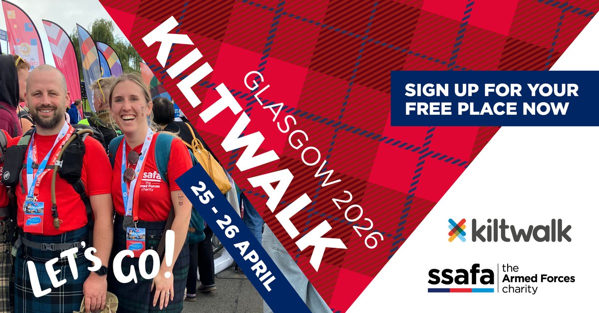 SSAFA's tweet image. Scotland's biggest charity fundraising event @thekiltwalk is coming to #Glasgow on Saturday 25 and Sunday 26 April 2026!

@SSAFA supporters can sign up for free at ssaf.as/kiltwalkglasgo…