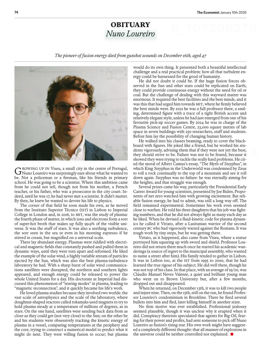 javiercubre's tweet image. Obituário de Nuno Loureiro na Economist desta semana.