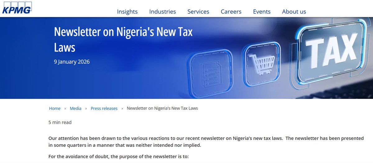 <a href="/KPMG_NG/">KPMG Nigeria</a> wrote:

"Our attention has been drawn to the various reactions to our recent newsletter on Nigeria’s new tax laws.  

The newsletter: proshare.co/articles/niger… via <a href="/proshare/">Proshare</a> 

The newsletter has been presented in some quarters in a manner that was neither intended nor