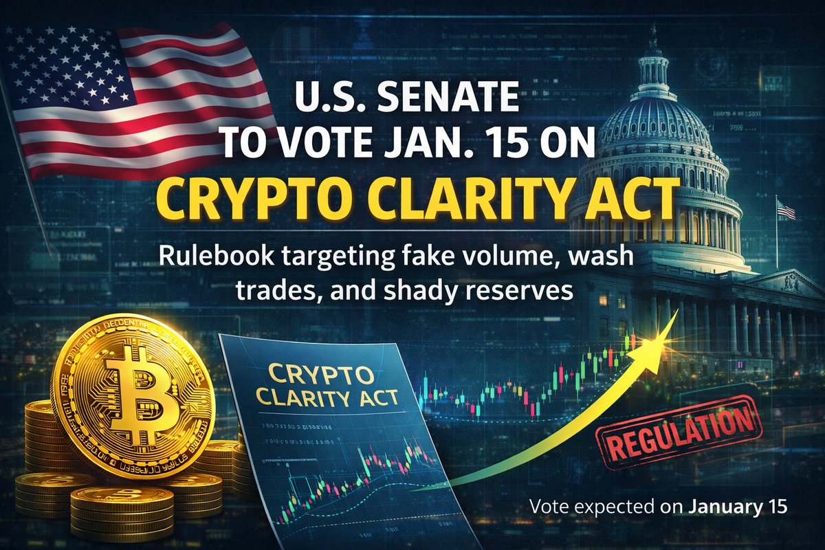 UPDATE: The U.S. Senate is set to vote on January 15 on the CLARITY Act — a  comprehensive crypto rulebook designed to eliminate fake volume, wash  trading, and opaque reserve practices. #CryptoNews #BTC