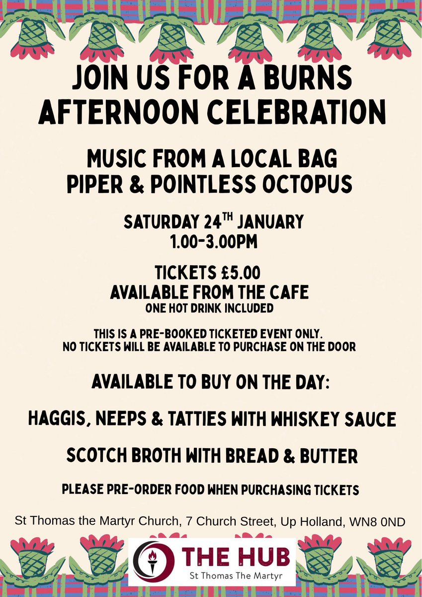 uphollandhub's tweet photo. Join us for a Burns celebration. Tickets available from the cafe tomorrow (cash only please). See you there! 

#Burnsnight #Community #Deliciousfood #Bagpiper #Livemusic https://t.co/cjweYHt2ow