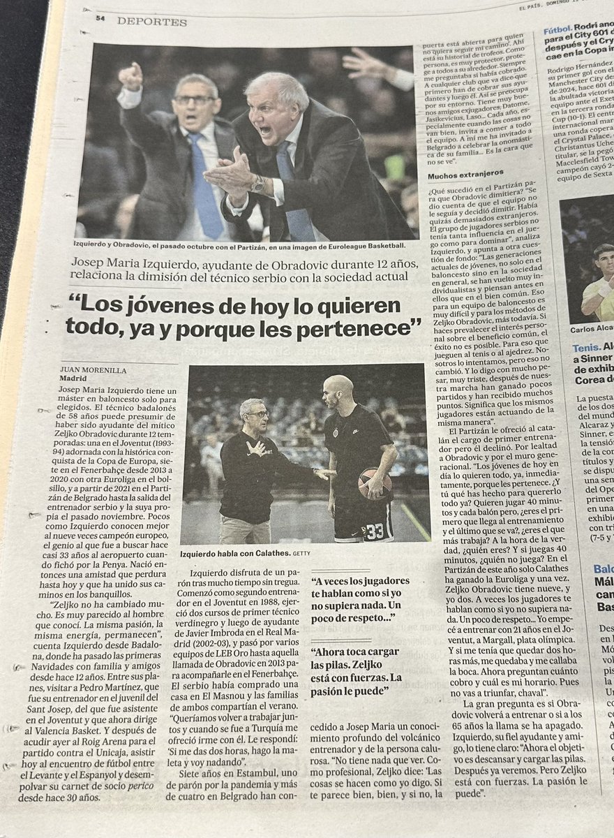 zapi's tweet image. Para mí TL Basket la lectura obligatoria del día no tiene duda. Entrevista a Josep Maria Izquierdo en El País de hoy.
Muy, muy interesante 🏀❤️
