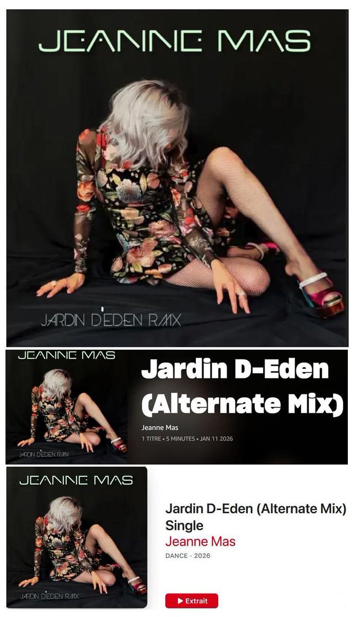 [News] Jeanne MAS publie ce 11 janvier 2026 un remix de son titre "Jardin d'Eden" sur  Amazon Music et I-Tunes.
Voici les 2 liens pour le téléchargement : 
Amazon Music : amazon.fr/music/player/a…

I-Tunes : music.apple.com/fr/album/jardi…