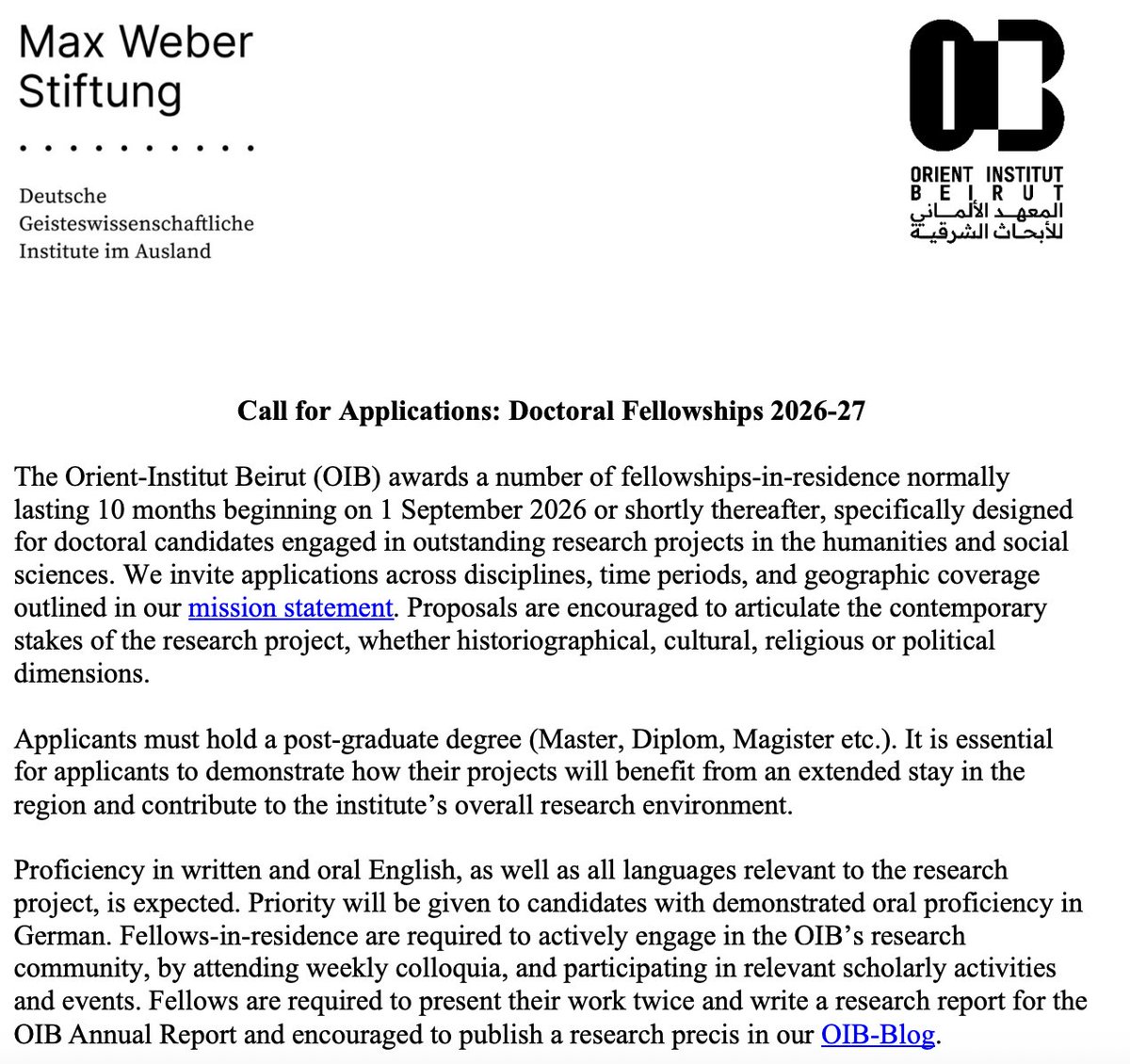 HistoryEmpires's tweet photo. Doctoral Fellowships (10 Months) in the Humanities and Social Sciences 2026-27, Orient-Institut Beirut
https://t.co/EYALMglgLy https://t.co/UDCeDq0qEC