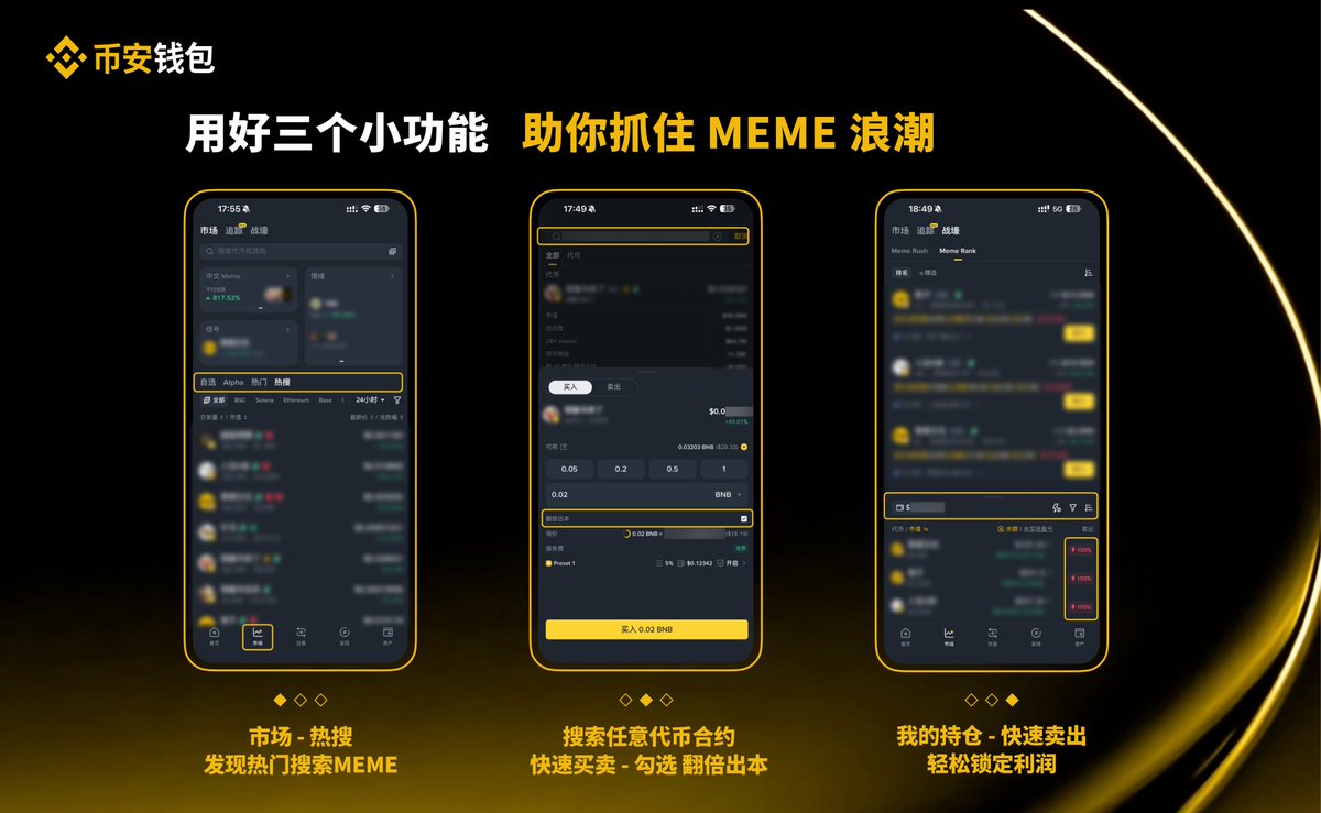 🪄#币安钱包的3个小功能，让你在meme热潮中快速上车： 1️⃣ 市场– 热搜：查看大家都在搜索哪些meme。 2️⃣ 搜索任意代币合约–