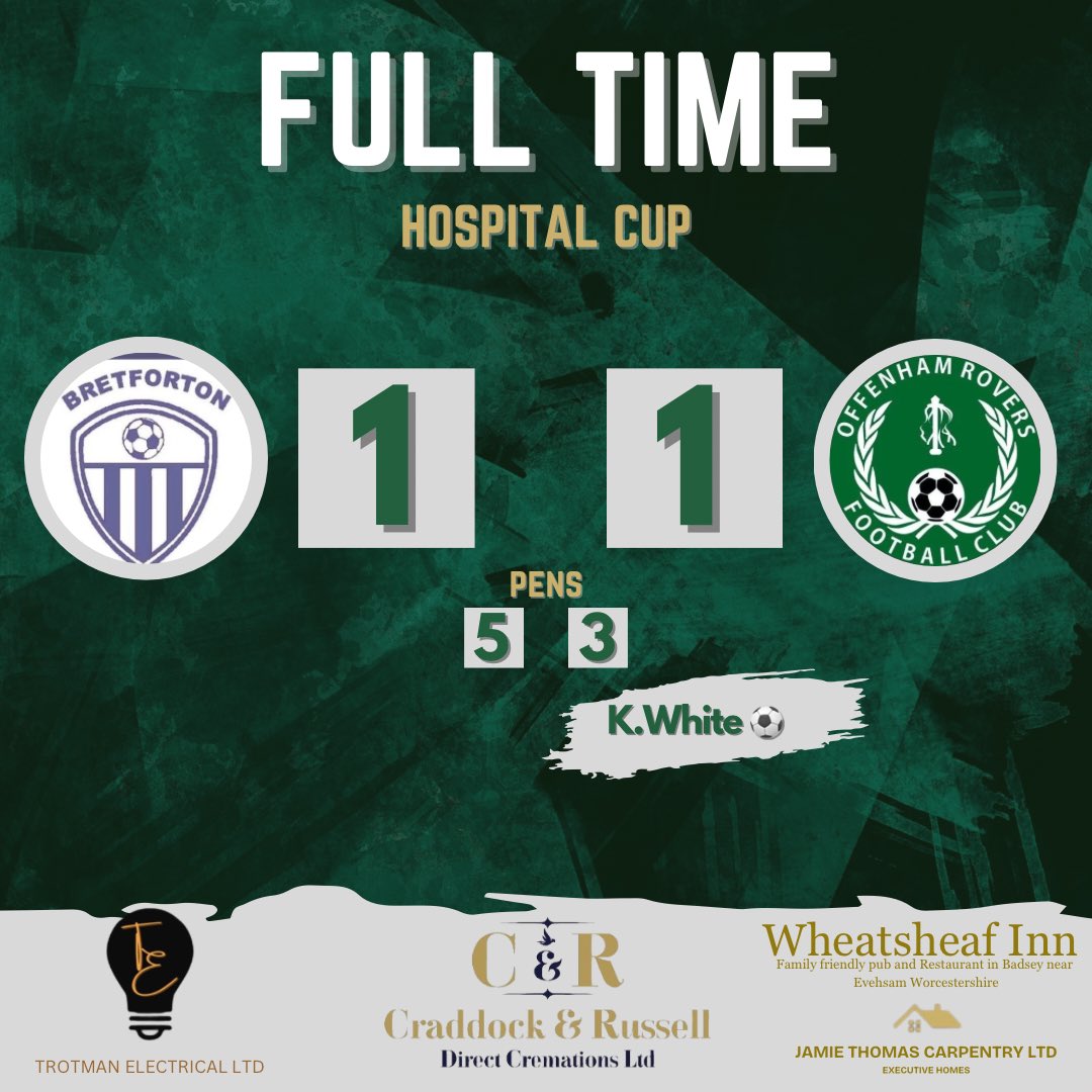 𝐅𝐮𝐥𝐥 𝐭𝐢𝐦𝐞

We bow out of the Hospital Cup after losing on penalties to Bret.

Next week we take on Fladbury in the league.

UTR