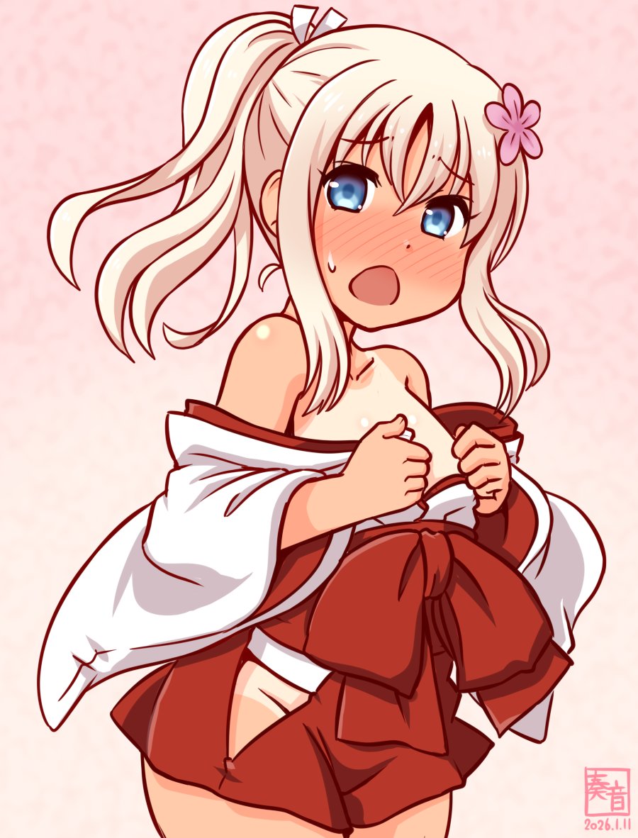 「えっと… 提督!
 これちゃんとした巫女服じゃないですよね?
 ダメ、ですよね? ねぇ? ねぇ⁉」

#艦これ版真剣お絵描き60分一本勝負_20260111
#呂500 