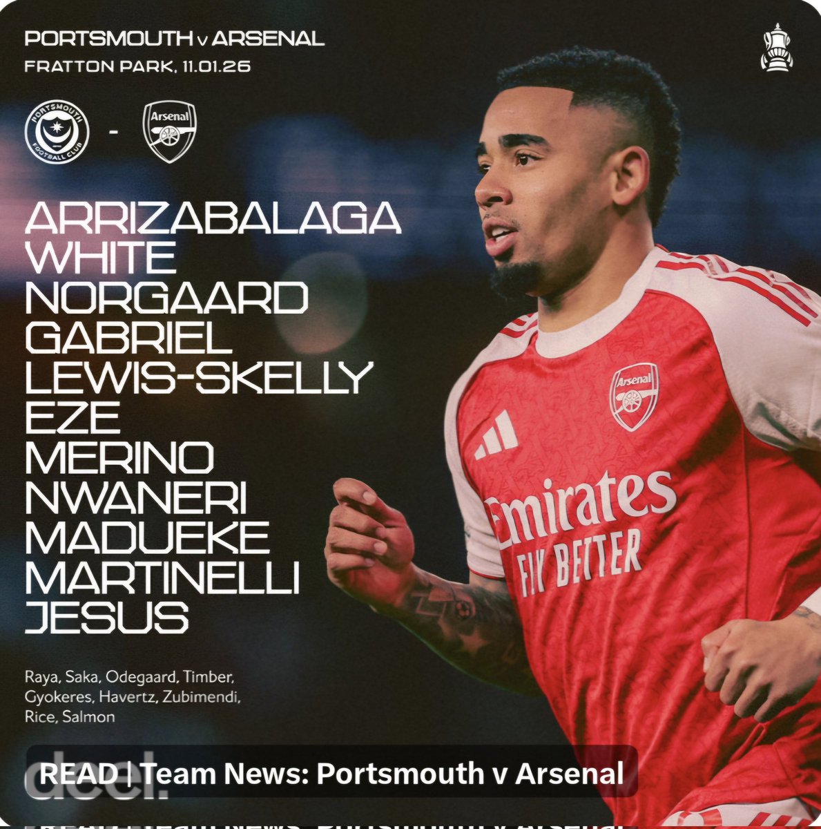 Sacir's tweet image. ⚽️ Portsmouth FC 🆚 Arsenal 
🏆 Emirates FA Cup 🏴󠁧󠁢󠁥󠁮󠁧󠁿
📌 Third Round
🏟 Fratton Park, Portsmouth 
📆 11th January 2026
⌚️ 2pm (GMT) / 15:00 (CET) 
🌤 2°C
🗣 T. Harrington 
📲 #PORARS #EmiratesFACup #ThirdRound