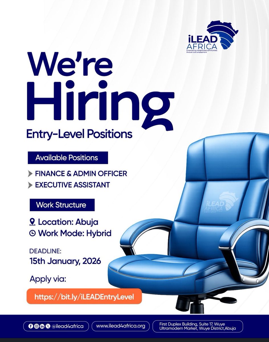 iLEAD AFRICA is hiring in Abuja.

It’s for entry level and it’s hybrid.

Apply if qualified and interested.

docs.google.com/forms/d/e/1FAI…

Good luck 🍀