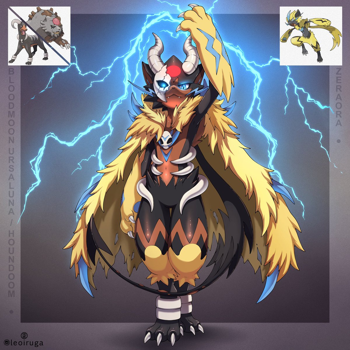 Zeraora, Houndoom and Bloodmoon Ursaluna Fusion ⚡️🔥
(Commission)