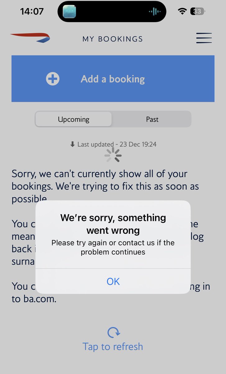 jamesdew_ar's tweet photo. The inoperability of the BA app is deeply embarrassing and shows the consequences of a state monopoly… the quality of the AA and United apps in comparison…

I’m logged in and I can’t even check my bookings 🤯 @British_Airways https://t.co/0pbkTf6mIY