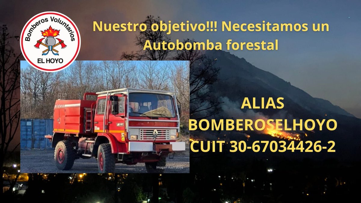 AlejCaracciolo's tweet image. Hable con el jefe de bomberos voluntarios de El Hoyo, Sofía y necesitan un camión autobomba. Los que pueden hagamos un esfuerzo. Gracias @DSantaCruzok x el contacto. Honrar coraje y a nuestra tierra.