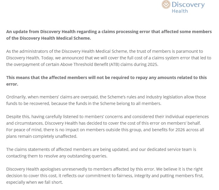 Discovery_SA's tweet image. An update from Discovery Health regarding a claims processing error that affected some members of the Discovery Health Medical Scheme.