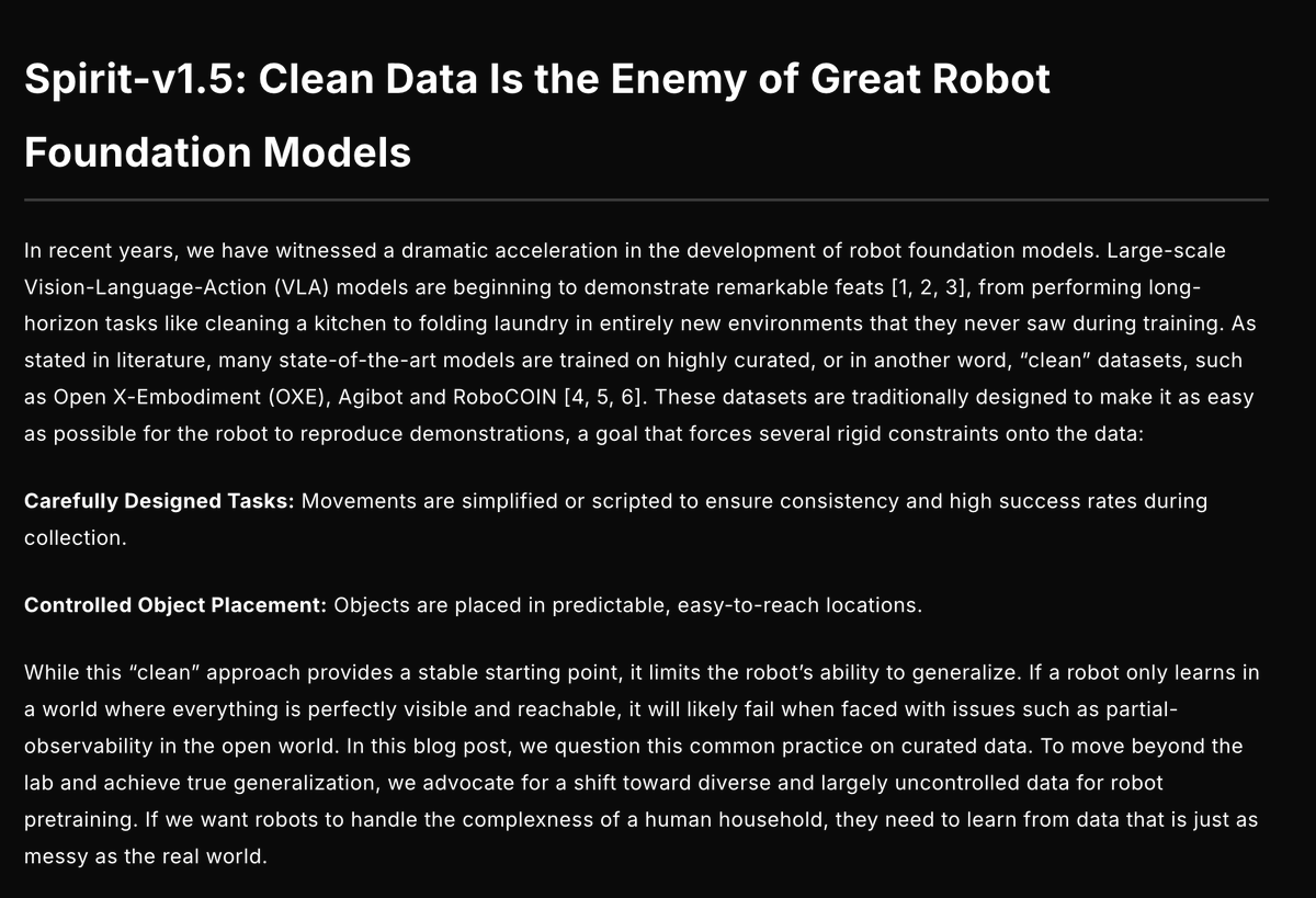 gao_young's tweet photo. Thrilled to announce that Spirit v1.5 from Spirit AI has officially reached #1 on the RoboChallenge leaderboard, outperforming pi0.5! 🚀

Scaling end-to-end embodied AI is a collective journey. We’ve been deeply inspired by the community—their work continues to push the entire field forward. Therefore, we are open-sourcing Spirit v1.5 today. We can’t wait to see what the community builds with it. 🛠️

🏆 Leaderboard: https://t.co/AE4kYUUik1
💻 Blog: https://t.co/80u37S63fe
💻 Open Source:
Code: https://t.co/uj0kQr9tpl
Model: https://t.co/AS3kuI9DpG
#SpiritAI #EmbodiedAI #Robotics #OpenSource #Spiritv1.5