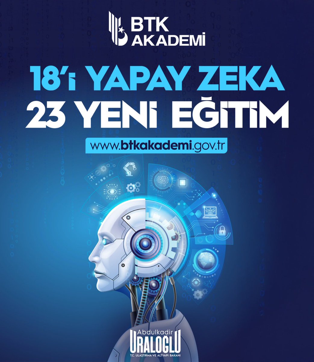 🌐 Türkiye’nin yerli ve millî en büyük çevrim içi eğitim platformu BTK Akademi’de eğitim yelpazemizi genişletmeye devam ediyoruz.

👨🏻‍💻 Vatandaşlarımıza tamamen ücretsiz ve sertifikalı 23 yeni eğitim daha sunduk.

🤖 Bu yeni içeriklerin 18’i yapay zekâ alanına odaklanıyor. Makine