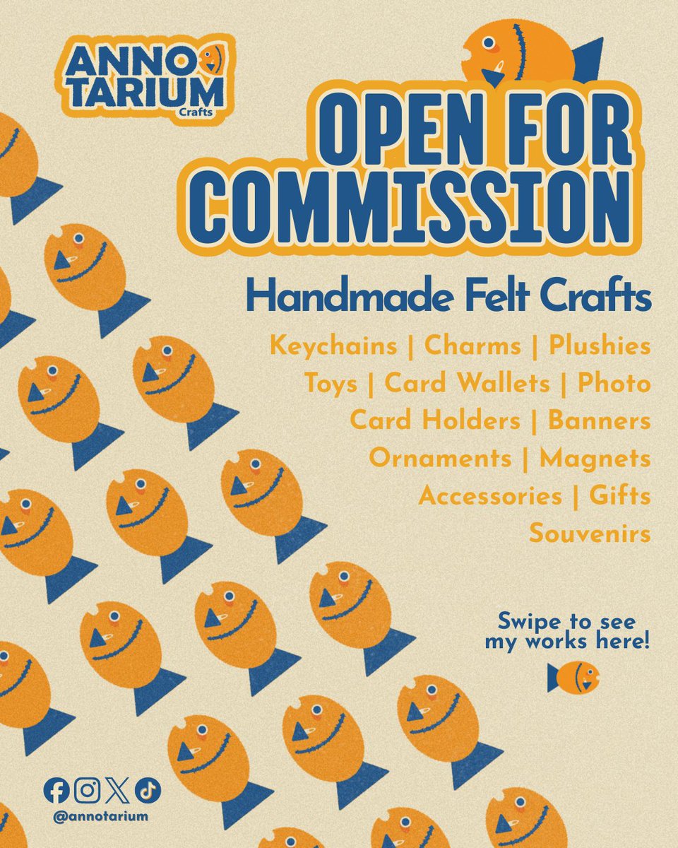 annotarium's tweet image. ( ﾉ ﾟｰﾟ)ﾉ OPEN FOR COMMISSION ! 🐟

Stop scrolling and read this! ദ്ദി(˵ •̀ ᴗ - ˵ ) ✧ Annotarium is now accepting felt commissions 💙.  Perfect for personalized or customized gifts and souvenirs 🎁!

If you're interested, kindly send us a DM  ─=≡Σ((( つ•̀ω•́)つ📨