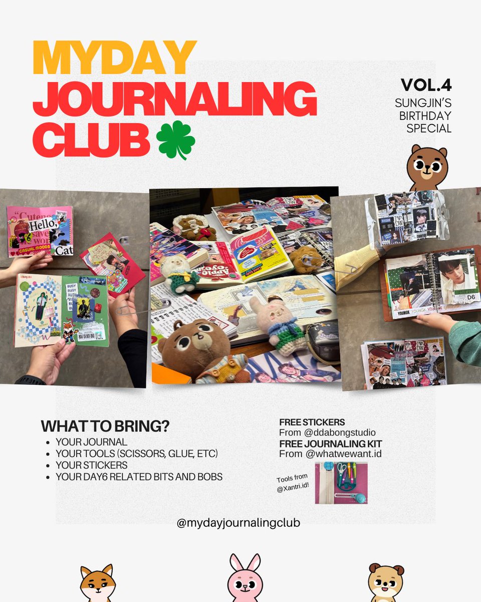 𓂂𓈒 My Day Journaling Club: 16 Jan 2026 𓈒𓏸

Come hang out, journal, and celebrate Sungjin Birthday together!

Limited free products from <a href="/ddabongstudio/">ddabong studio @ PLAND A35</a>, <a href="/whatwewantID/">WHAT WE WANT ID JOURNAL CLUB JKT | NEW PAPER PACK</a> and tools to use from XantriID

P.S. RSVP needed, reply to this tweet yah! #day6journaltwt
