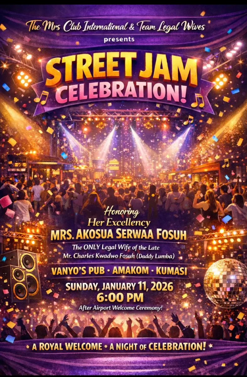 TheMrsClubInt's tweet image. Kumasi, are you ready?! 🔥

The Mrs. Club proudly welcomes Mrs. Akosua Serwaa Fosuh to the Garden City!
Maa Serwaa, we love you dearly! ❤️😘

Come celebrate with us at a Street Jam Celebration hosted by The Mrs. Club &amp;amp; Team Legal Wives!

📍 Vanyo Pub, Amakom – Kumasi
📅 January…