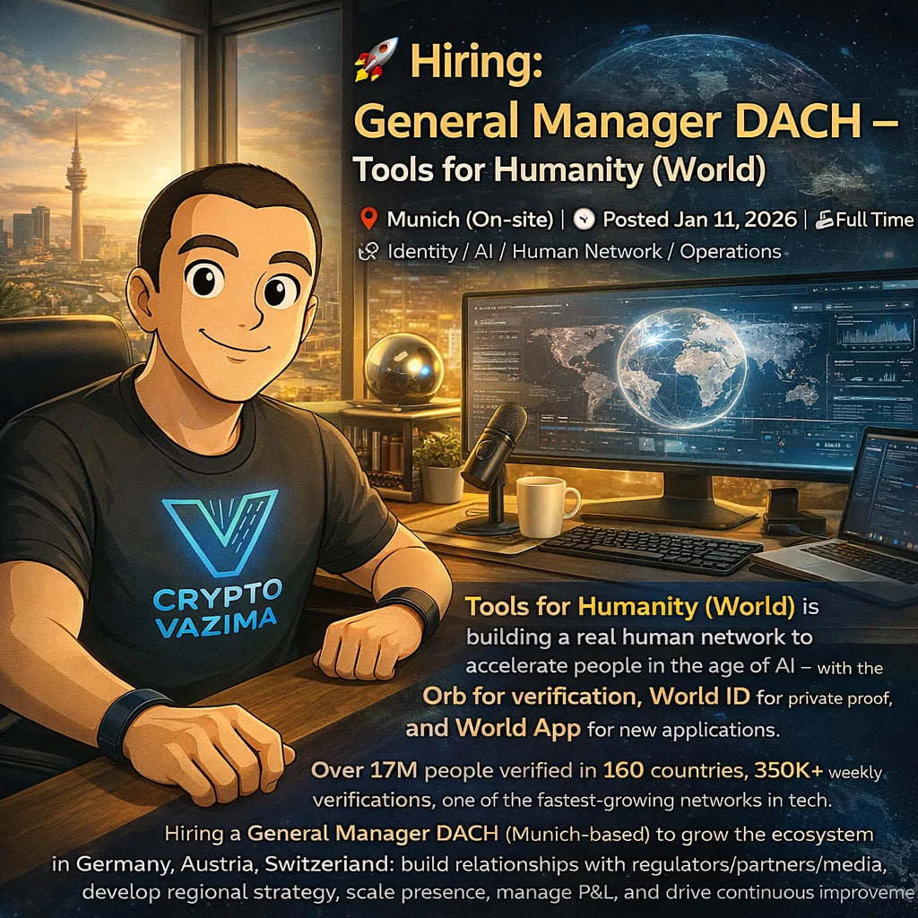 🚀 Hiring: General Manager DACH — Tools for Humanity (World) 📍 Munich  (On-site) | 💼 Full Time | 🧑‍💻 Operations / Identity / AI | 🕐 Posted Jan  11, 2026 Tools for