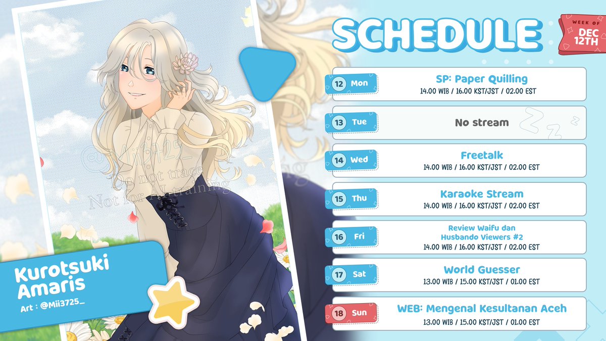 ✒️ SCHEDULE 12 - 18 JANUARI! ✒️

Minggu depan Amaris bawain seabrek-abrek stream seru buat kalian! Jangan lupa nyalain semua lonceng notifnya ya 😍

✒️General: #KurotsukiAmaris
✒️Live: #AmariStream
✒️Fanart: #Artmaris
✒️Meme: #AmariSilly
✒️Clip: #Amarishots
✒️Fan name: Amarizzing