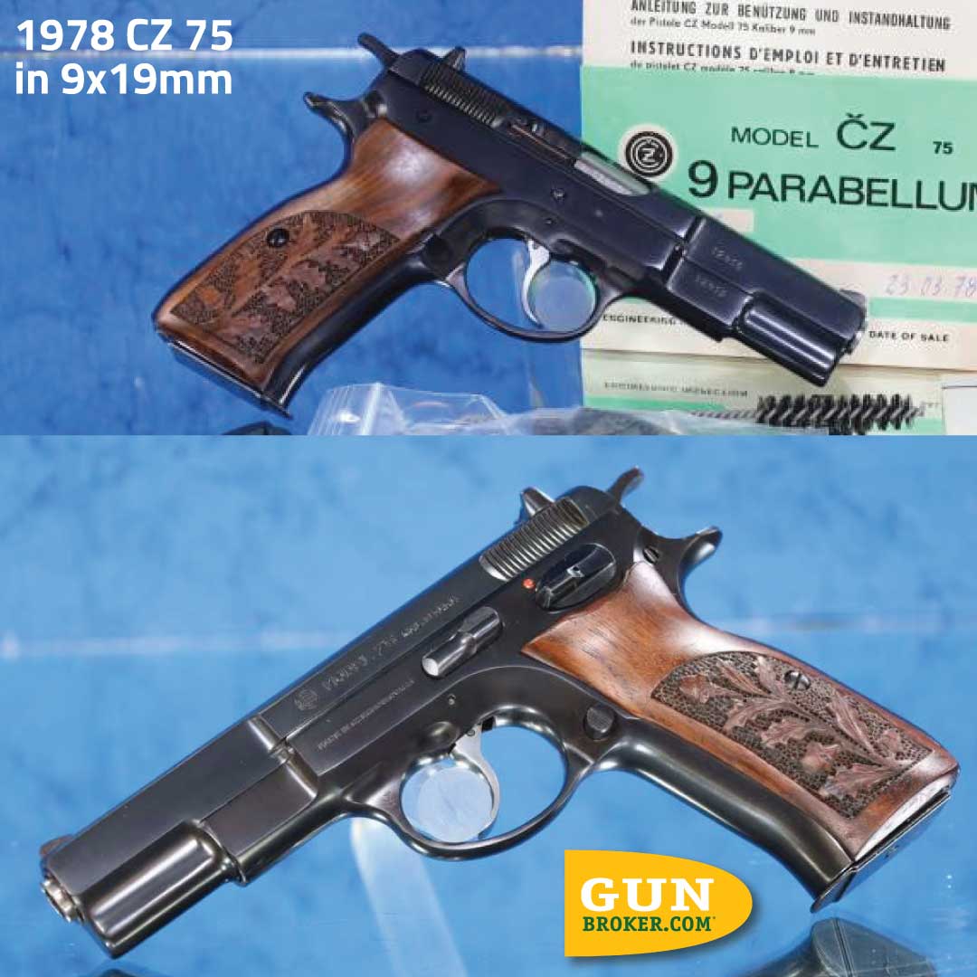 GunBroker's tweet image. 🔷 A CZ Classic Few Ever See 🔷
 🔗 View it here: bit.ly/3NeNYUP 

1978 CZ 75 in 9×19mm—rare short-rail variant made for only 3 years. Complete set with box, test target, manuals, sealed mag, and Frankonia wood grips.

#CZUSA #CZ75 #9mm #GunBroker