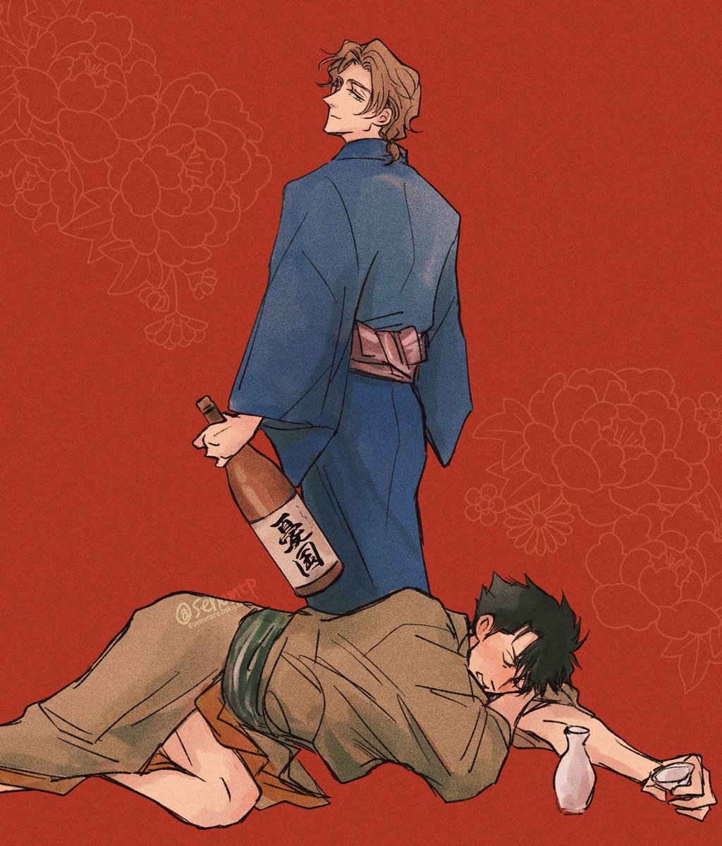 senomtp's tweet image. リクエスト「お正月に酔い潰れるモランとそれを見て喜ぶアルバート兄様」 ありがとうございました🍶