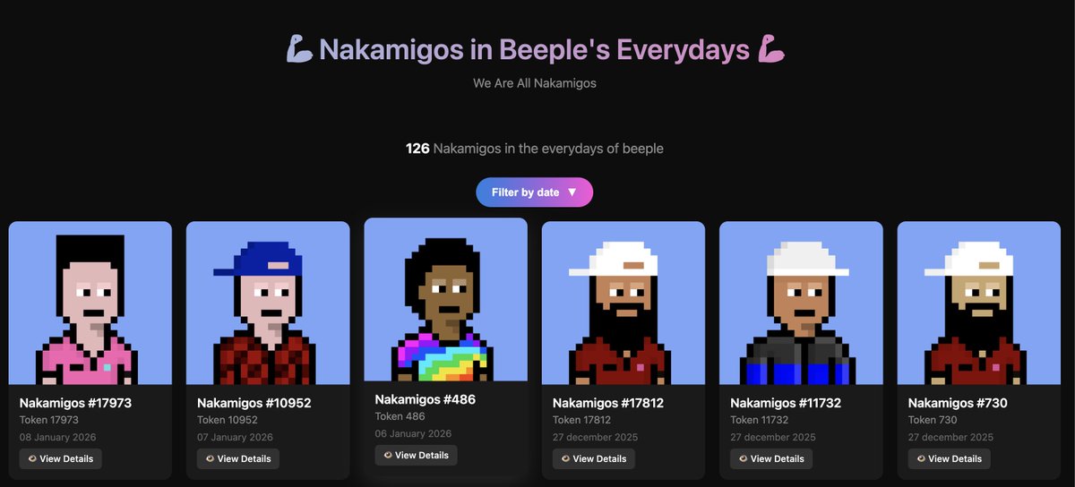 hublotnft's tweet image. Here’s the final version of the site. There are still a few Beeple Everydays that haven’t been added yet. Unfortunately, the algorithm doesn’t detect all the Nakamigos in the Everydays (Beeple really hid them well), so I’ll handle that part manually in the coming days.
Thank you…