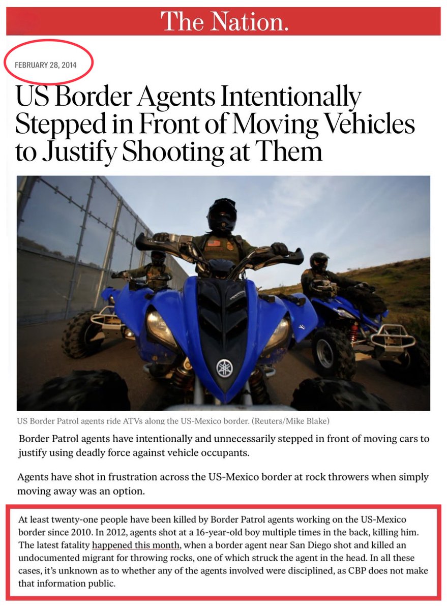 cwebbonline's tweet image. Whoa‼️

This article from 2014: US Border Agents Intentionally Stepped in Front of Moving Vehicles to Justify Shooting at Them.

And remember, Jonathan Ross was a firearms trainer, a veteran, and spent over a decade working for DHS.