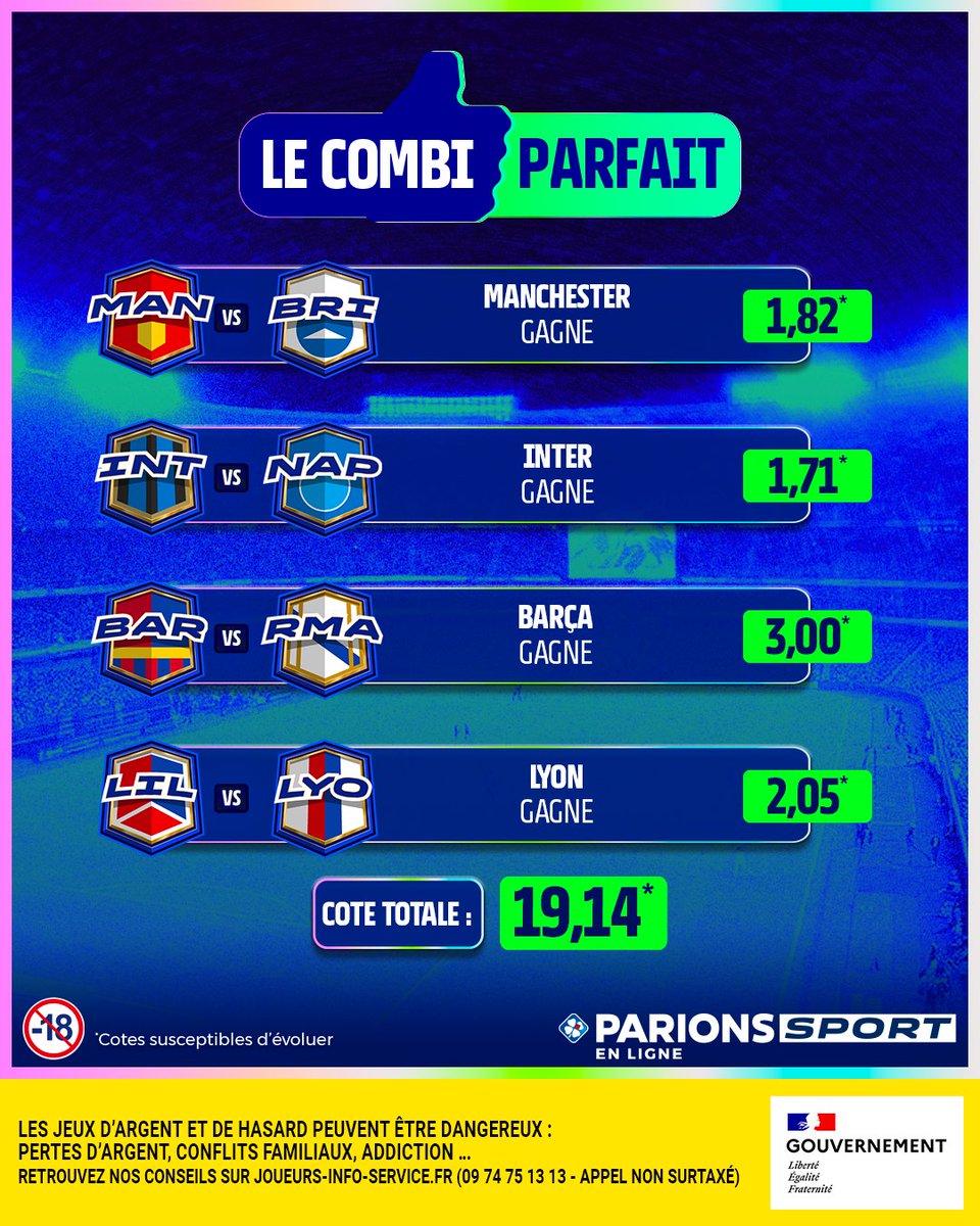 ParionsSport_EL's tweet image. 🔥 Votre #CombiParfait est là !

🤔 Ça fait 3/4 ? 👉 5x10€ de freebet
✅ Ça fait 4/4 ? 👉 10x20€ de freebet

Pour jouer : 
🤝 RT + Follow

🗓️ TAS le 12/01
📃 Règlement : bit.ly/4svZsDn