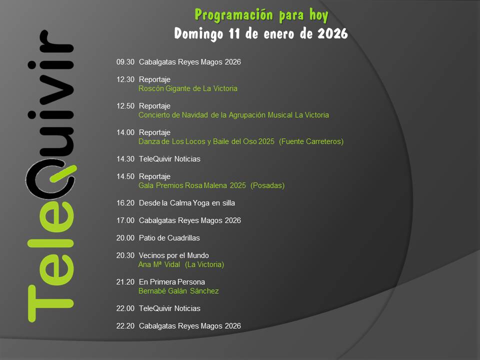 Programación para hoy 11 de enero en TeleQuivir.
Recuerda que puedes ver la televisión de la comarca en abierto en la TDT HD, y si vives fuera de ella, online en nuestros canales de Youtube y Twitch. ¡Suscríbite!
youtube.com/@telequivir/li…
twitch.tv/telequivir