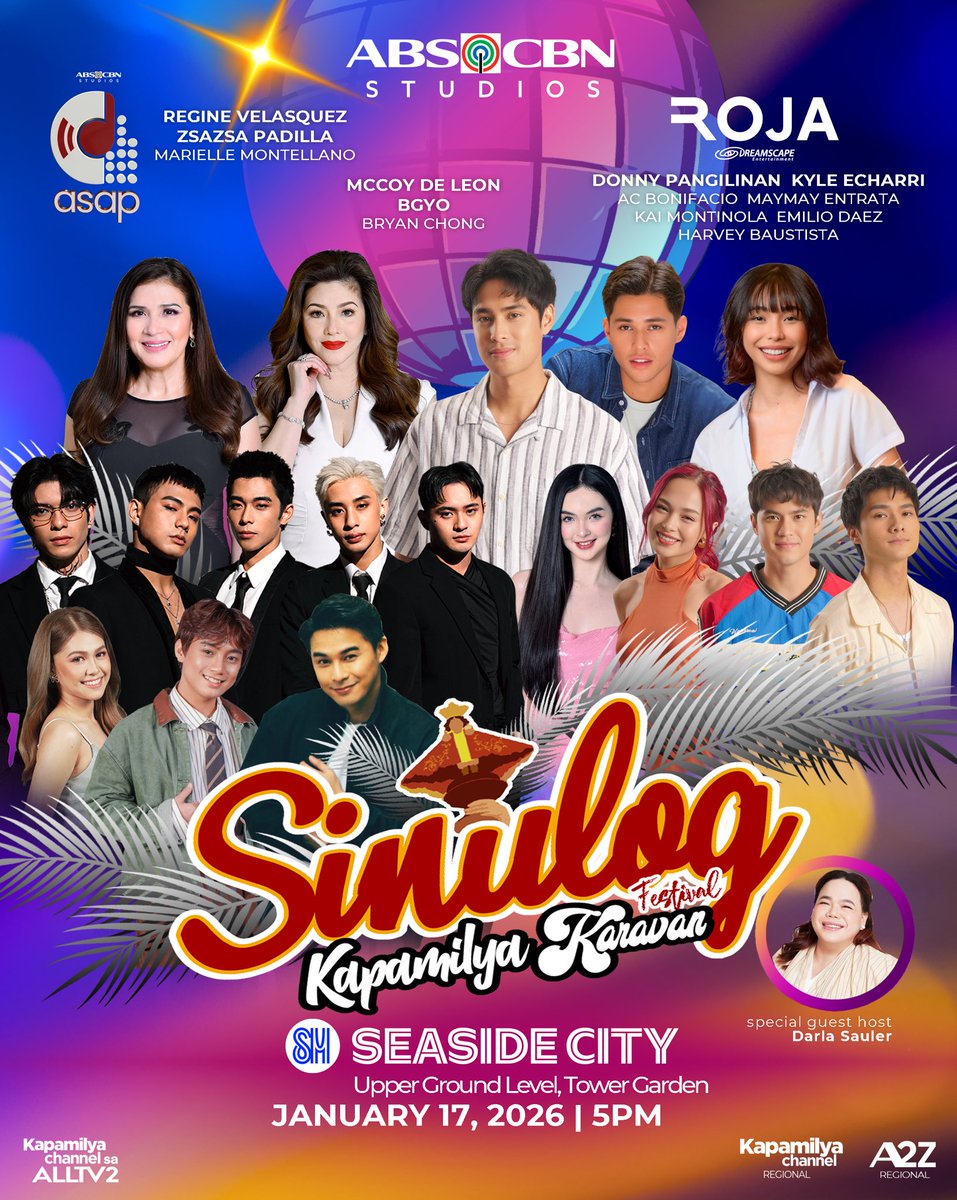 Viva Pit Señor Kapamilya! 
Kanta, sayaw ug kitakits ta Sugbo! 

Sinulog Festival Kapamilya Karavan brings you the powerhouse lineup of Kapamilya artists!

The stars of Roja - Donny Pangilinan and Kyle Echarri with Maymay Entrata, Kai Montinola, AC Bonifacio, Harvey Bautista,