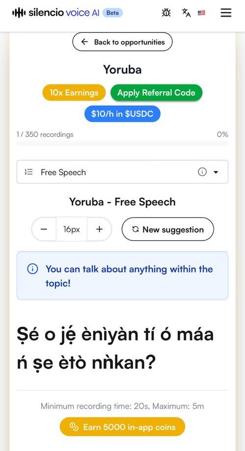 Fresh Alpha: Reward confirmed.

Earn $10/HR with <a href="/silencioNetwork/">Silencio</a> Voice AI. Task: Translate words into recordings.

The more you translate, the more you earn. It is time consuming but it is worth it if you have a lot of time. 

Register here: ai.silencio.store/?ref=TSPY9E

Fill your