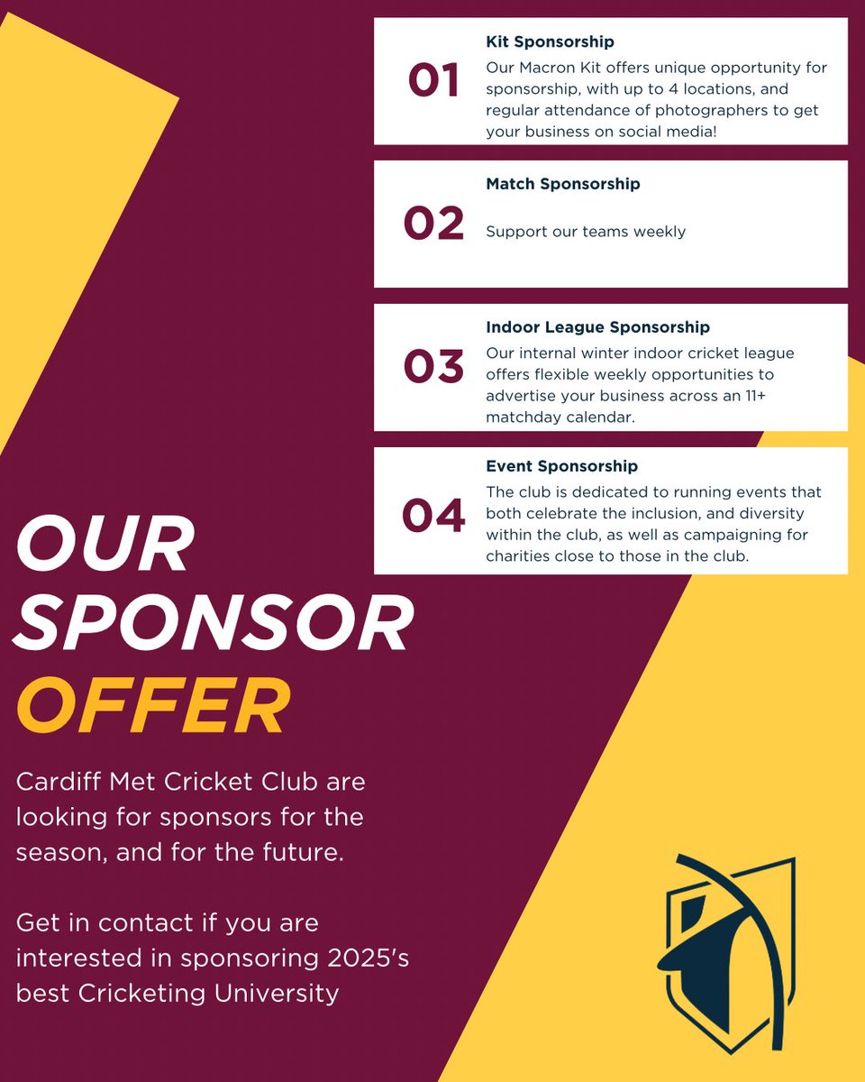 CMetCricket's tweet photo. 🏏 Cardiff Met Cricket | 2026 Sponsors Wanted

Could your business partner with the UK’s leading uni cricket team?

We’re inviting sponsors to join us for the 2026 season, supporting elite student athletes competing at the highest level of BUCS.

📩 Get in touch to find out more. https://t.co/3JR1sm8fj2